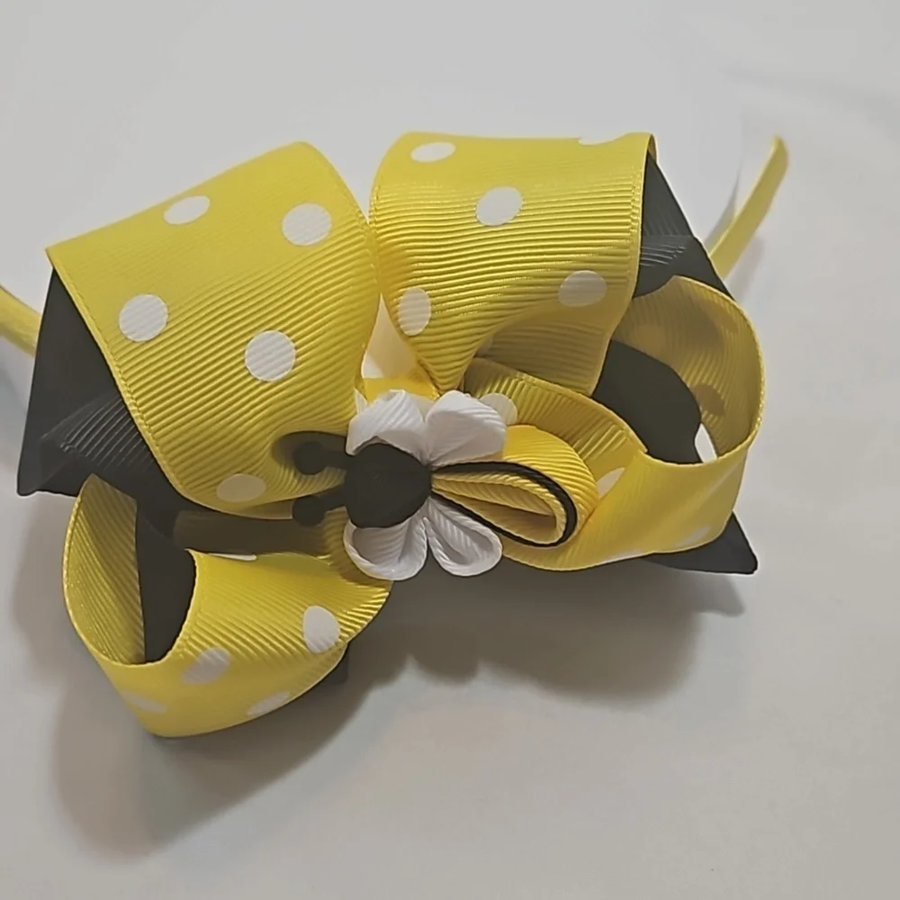 Hand Crafted Handmade Bow Hairband Yellow white polka-dot black contrast ribbon